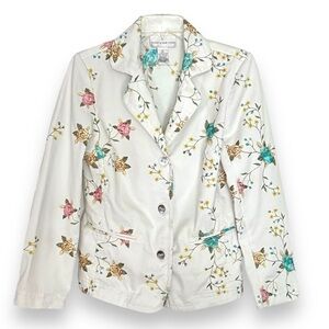Susan Graver Style Size XS White Denim Multicolor Floral Embroidered Blazer